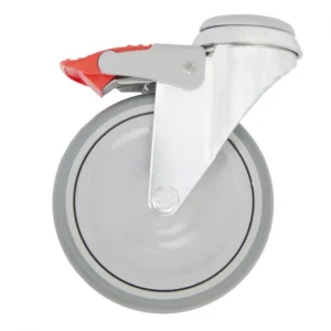 Set de roți cu frână verticalizator CAT I, fabricate din oțel, cu diametrul de 125 mm și sistem de blocare pentru stabilitatea echipamentului medical.