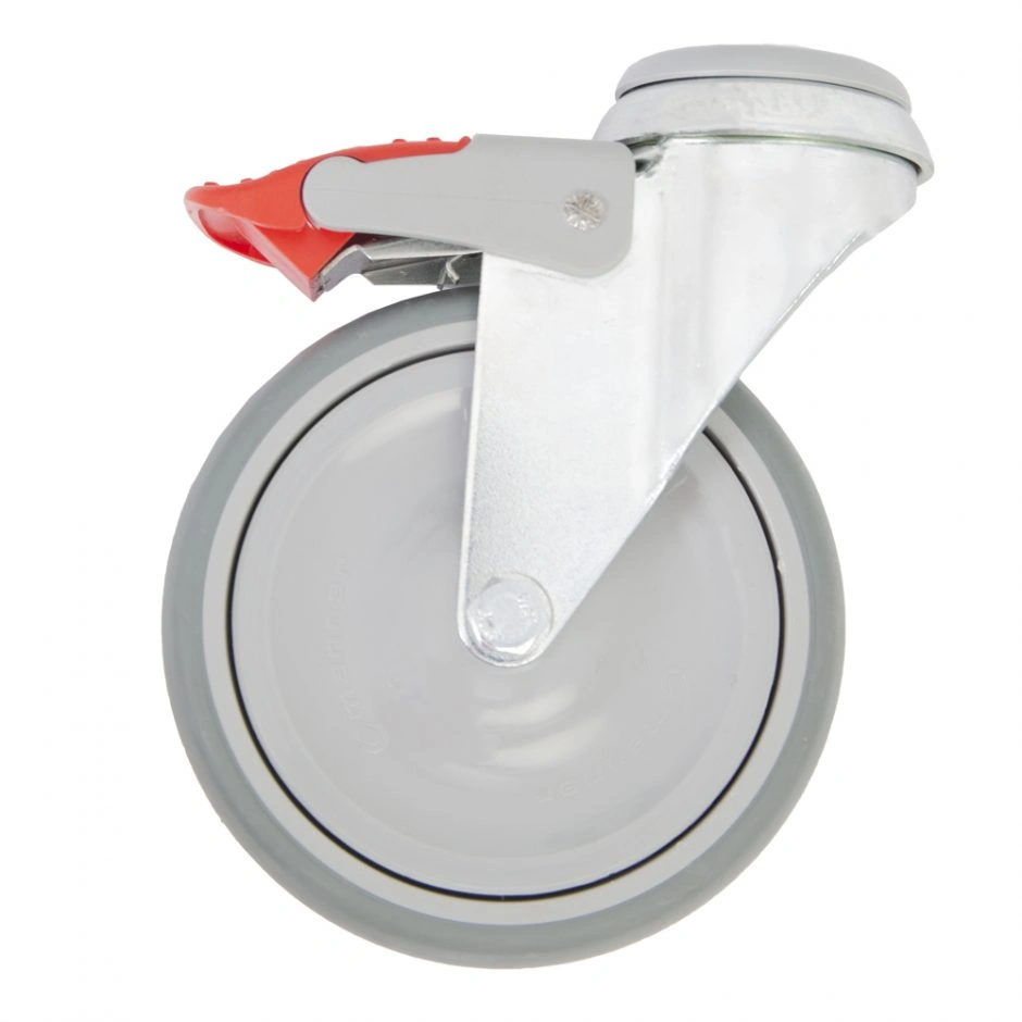 Set de roți cu frână verticalizator CAT I, fabricate din oțel, cu diametrul de 125 mm și sistem de blocare pentru stabilitatea echipamentului medical.